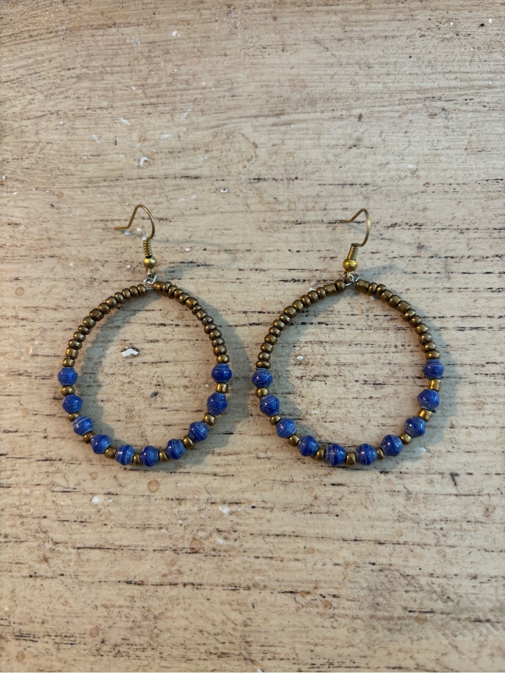 Blue Beaded Hoop Earrings with Antique Gold Accents - Women Jewelry